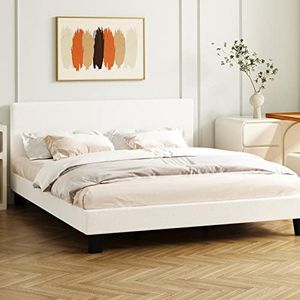 Oikiture Queen Bed Frame with Wooden Slats and Boucle Fabric Bed Base Mattress Platfrom White