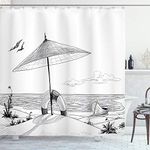 Ambesonne Beach Shower Curtain, Doodle Style Sketch Pattern Monochrome Illustration Ocean and Boat Pencil Drawing, Fabric Bathroom Decor Set with Hooks, 75 inches Long, Black White