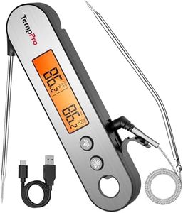TempPro TP610 Dual Probe Meat Thermometer, Rechargeable Instant Read Food Thermometer with Rotating LCD Screen, Waterproof Cooking Thermometer for Grilling, Smoker, Oven(Previously ThermoPro)