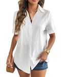 Zeagoo Women Short Sleeve Button Down Shirts Casual White Button Up Top 100% Cotton V Neck Collared Blouse White