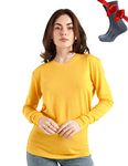 Merino Wool Base Layer Women 100% Merino Wool Lite, Midweight, Heavyweight Long Sleeve Thermal Shirts + Wool Socks (Small, 165 Gold)