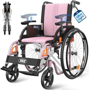 VOCIC Ultra Lightweight Wheelchair for Adults, 23lb Frame Portable Foldable Self-Propelled Wheelchairs for Seniors with Quick Release Wheels, Swing-Away Footrests,Flip-Back Arm, 300 lbs Pink