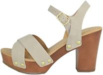 SODA MIGUEL ~ Women Crisscross Band Fashion Chunky Platform Block Mid Heel Sandal with Ankle Strap and Stud, Sand, 6 UK