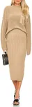 PRETTYGARDEN Womens 2024 Fall Two Piece Outfits Ribbed Knit Long Sleeve Pullover Sweater and Bodycon Midi Skirt Sets (Light Khaki,Small)