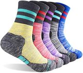 FEIDEER Women's Hiking Walking Socks, Multi-pack Outdoor Recreation Socks Wicking Cushion Crew Socks, Blue/Dark Gray/Purple/Light Red/Light Yellow, Large