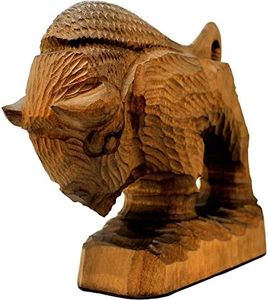 Statue de bison en bois sculptée à la main – Figurine artistique en bois du buffle américain – Accent de faune de collection pour décoration d'intérieur – Finition marron naturel, 13 cm