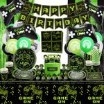 Video Game Party Decorations - Including Game On Plates, Level Up Napkins, Cups, Birthday Banner, Balloons, Fringe Curtain for Boys Level up Game On Birthday Party Supplies