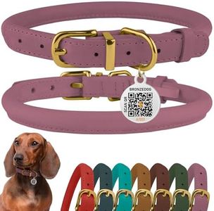 BronzeDog Rolled Leather Dog Collar with QR ID Tag, Adjustable Soft Round Collars for Small Medium Large Dogs Puppy (16" - 19" Neck Size, Lavender)