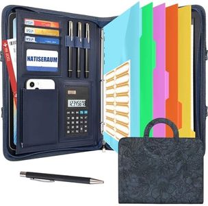 NATISERAUM Portfolio Organizer - 3 Ring Binder with Handle, Vegan Leather Business Padfolio Folder with Notepad, Includes 5 Dividers with 10 Pockets for Documents Files