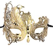 Luxury Mask Women's Swan Metal Filigree Laser Cut Venetian Masquerade Mask, Gold/Black Stones, One Size