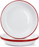 Lawei Set of 4 Enamel Dinner Plates, 10 Inch Round Dinner Plate with Red Rim, Retro Salad Pasta Bowls Enamel Deep Dinner Serving Platter for Dinner, Outdoor, Picnic, BBQ, Butter