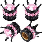 4 Pieces Crown Tire Valve Stem Caps Bling Handmade Crystal Rhinestone Universal Chrome Crown Vehicle Car Tire Caps Covers, Attractive Accessories for Car (Pink and Black)