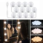 Vanity Mirror Lights 12 Bulbs Hollywood Style with USB Cable, 3 Colour Changing & 10 Brightness, Mirror Lights Stick On for Makeup, LED Vanity Lights for Dressing Table (No Mirror & USB Adapter)