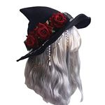 Black Witch Hat Halloween Party Costume Headwear Women Girls Big Bow Rose Headband Wicked Wizard Hat Large Brim Witch Sun Hat