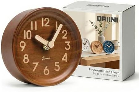 Driini Wooden Analog Desktop Clock – 4.3 in. Decorative Pinewood Clock, No-Tick Design – Easy to Read Silent Sweep Mantle Clock – Quiet Tabletop Clocks with Wood Body, Hands, & Battery Cover; Dark