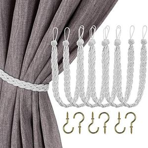 Home Queen Hand Braided Curtain Tie Back, Buckle Holdback Drapery Curtain Tiebacks, 6 Rope Belt Curtain Tie with 6 Metal Hooks, Silver