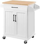 Yaheetech Kitchen Cart with Bamboo Tabletop, 34.5" Width Rolling Kitchen Island with Drawer and Adjustable Shelf, Storage Cabinet with Spice Rack Towel Bar for Dining Room Kitchen Living Room, White