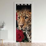 Red Rose Cheetah Blackout Curtain, Cat Leopard Print Privacy Door Curtain, Romantic Flowers Blackout Curtain, Animal Theme Door Drape Decor for Bedroom Doorway Living Room, 1 Panel, 34" W X 80" L