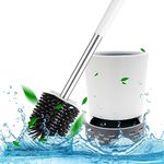 Twin-Pack, Toilet Brush with Drainage Holder Set,Flex Silicone Anti-Clog Anti-Drip Brush Head, White/Grey Colour with Stainless Steel Handle, 2-Pack