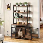 DWVO Dog Crate Furniture with Storage Shelves, Heavy Duty Dog Crate with Charging Station, 39 Inch Dog Kennel Indoor Furniture for Large Dogs, Modern Decorative Dog Crate with Double Doors, Brown