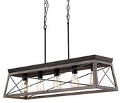 5 Light x 35.6 Inch Antique Bronze Linear Title: Chandelier X-Brace Design Wood-Look Open Frame Barn Farmhouse Dining Room, Kitchen in Coastal, Craftsman, Rustic, Urban Industrial