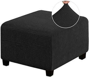 PrinceDeco Stretch Ottoman Cover Ottoman Slipcovers Square for Living Room Foot Stool Stretch Covers to Fit Ottoman Foot Rest, Thick Checked Jacquard Fabric with Elastic Bottom (Medium Size, Black)