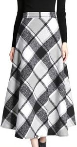 Tanming Women's Winter Warm Elastic Waist Wool Plaid A-Line Pleated Long Skirt (PlaidGrey-XXL)