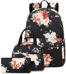 LEDAOU Backpack for Girls School Bag Kids Bookbag Teen Backpack Set Daypack with Lunch Bag and Pencil Case, Black - Floral, L, Backpack