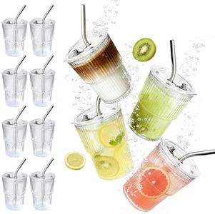 12 Packs Ribbed Glass Tumbler with Lid and Straw 13 oz Cute Ice Coffee Cup Set Bulk Vasos de Vidrio Con Tazas Para Cafe Cocina Accesorios Home Bar Accessories New Home House Warming Gift Kitchen Stuff