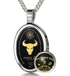 Taurus Necklace Zodiac Pendant for Birthdays 20th April to 20th May Star Sign and Personality Characteristics Pure Gold Inscribed in Miniature Details on Onyx, 18" Rolo Chain, Gemstone, Onyx