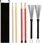 SINBLUE Drum Sticks Brush Set - 1 Pair 5A Maple Wood Drum Sticks 1 Pair Drum Wire Brushes Retractable Drum Stick Brush and 1 Pair Rods Drum Sticks with Storage Bag for Jazz Acoustic Music Lover Gift