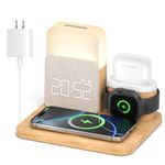 Alarm Clock Charging Station for Bedrooms, 7 in 1 Wireless Charging Station, Mag-Safe Charger with Night Light Bedside Clock for iPhone 16 15 14 13 12 Pro Max, Apple Watch, AirPods