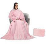 Tirrinia Wearable Blanket with Sleeves and Pocket, Super Soft Plush Fleece Sleeved Blanket for Adults in Pink
