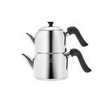 Karaca Edana Stainless Steel Tea Pot (Teapot with Lid 1.35 L & Tea Kettle 1.95 L) - Induction Turkish Teapot Set - Non-Burning Bakelite Handles Midi Tea Maker