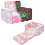 SLIGUY Toddler Couch,Kids Couch, Fold out Kids Sofa Chair, Toddler Convertible Sofa to Lounger Pull Out Couch, Glow in the dark Sofa Chair Gifts for Boys and Girls (Pink Unicorn)