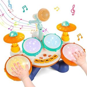 Kids Drum Set Baby Drum - 4 Beats Flash Light Toddler Drum Set with Microphone, 6 in 1 Baby Drum & Piano Set with 10 Music, Musical Instruments Birthday Gifts for Boys and Girls 6 to 12 Months