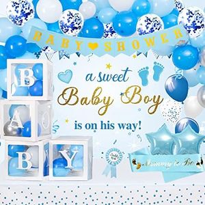 Baby Shower Decorations for Boy, Blue Baby Party Decor Kit with Balloons Boxes, Blue Balloon Garland Backdrop Banner and Tablecloth and Baby Shower Sash, Baby Boy Shower Decorations