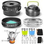 Odoland Camping Cookware Set with Foldable Stove, Non Stick Pot Pan Kettle Set with Stainless Steel Cups Plates Forks Knives Spoons for Outdoor Cooking and Picnic - Camping Cutlery Set Suit 2 People