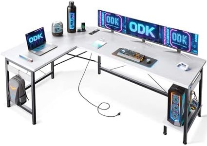 ODK Bureau Gaming avec Prises et Ports USB, Bureau d'angle Gaming avec Support pour CPU, Bureau d'angle en L pour Bureau à Domicile, Blanc, 168×120cm