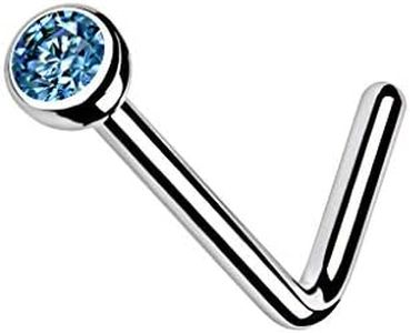 FIFTH CUE Solid Grade 23 Titanium Press Fit Cubic Zirconia 2mm Micro Ball Top L bend Stud Nose Ring (20G AQUA)