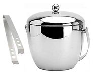 HAINE Double Wall Chrome Finish Silver Ice Bucket with Lid, Handle and Ice Tong, Stainless Steel