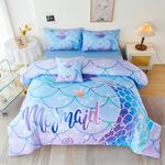 URBONUR Mermaid Tail Bedding Set Queen Size, 6Pcs Fish Scales Print Bed in a Bag Girls Queen Comforter Set, Ombre Aqua Blue Teal Pink Purple Bed Sets for Girls Bedroom Decor