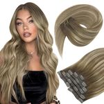 Sunny Hair Clip in Hair Extensions Human Hair Invisible Clip in Hair Extensions Real Human Hair Straight Hair Extensions for Women 18inch Cool Brown Balayage Light Brown Highlight Blonde