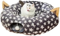 LUCKITTY Large Cat Tunnel Bed with Plush Cover,Fluffy Toy Balls, Small Cushion and Flexible Design- 10 inch Diameter, 3 ft Length- Great for Cats, and Small Dogs, Gray Star Pattern