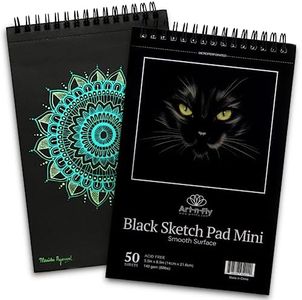 Art-n-Fly Black Sketch Pad Mini 5.5x8.5 2 Pack - Black Paper Sketchbook for Drawings, Perforated Edge on Spiral 100 Sheets Total - Art Sketch Book for Coloured Pencils, Graphite, Pastels & Gel Pens