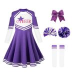 LOLANTA 3PCs Halloween Cheerleader Costume For Little Girls Long Sleeve Dress with Socks and Pom Poms (Purple, 7-8 Years)