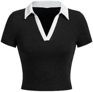 Avanova Women Polo V Neck T Shirts Short Sleeve Crop Tops Ringer Tees Black Medium