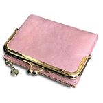 PofeeXIO Womens Wallet RFID Small Compact Bifold Leather Vintage Wallet,Ladies Coin Purse with Zipper and Kiss Lock (Pink)