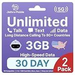 USA Prepaid Sim Card (Uses T-Mobile), Unlimited Talk, Text, Data & 3GB High-Speed Data, Quick Activation, Reloadable, Easy to Use, Jethro Mobile US SIM Card for Canadian Travelers (30 Day 2 Pack)