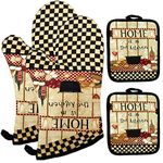 LnQukeji Oven Mitts and Pot Holders Sets, Funny Kitchen Oven Mitts Heat Resistant of 500 Degrees, Pure Cotton Hot Pads and Oven Mitts Sets for Baking,Cooking,BBQ Grilling-Plaid(4Pcs Set)